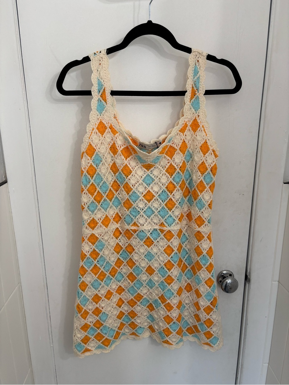 Zara Crochet Diamond Tank Top in Cream, Orange & Light Blue